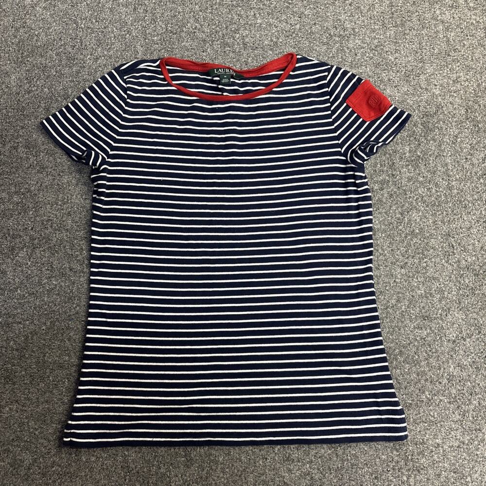 Lauren Ralph Lauren Women Medium Navy White Striped Crewneck Cotton Short Sleeve